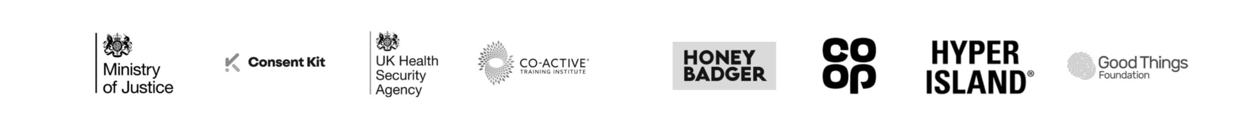 Client logos - MoJ, Consent Kit, UKHSA, HoneyBadger, Co-op, Hyper Island, Good Things